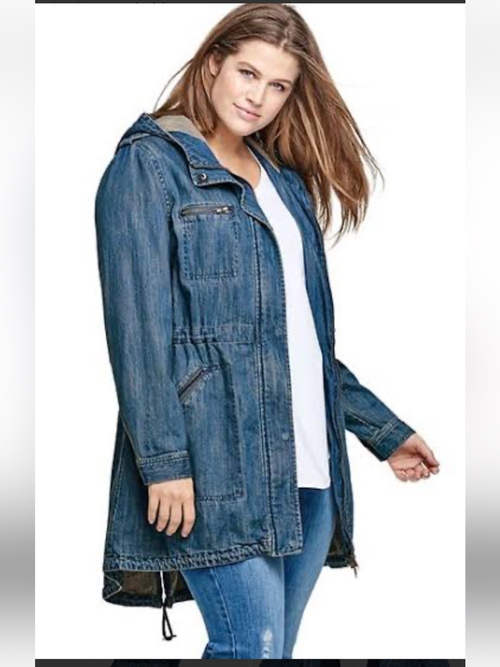 Ellos Hooded Anorak Denim Jacket Women's Size 18 Blue Utility Farm Barn Coat